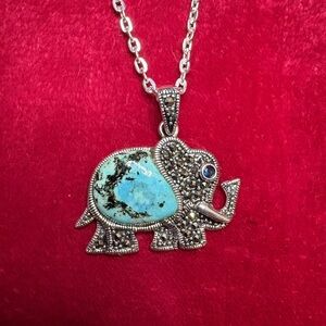 Pendant 925 Sterling Silver Turquoise Lucky Elephant  Necklace Marcasite